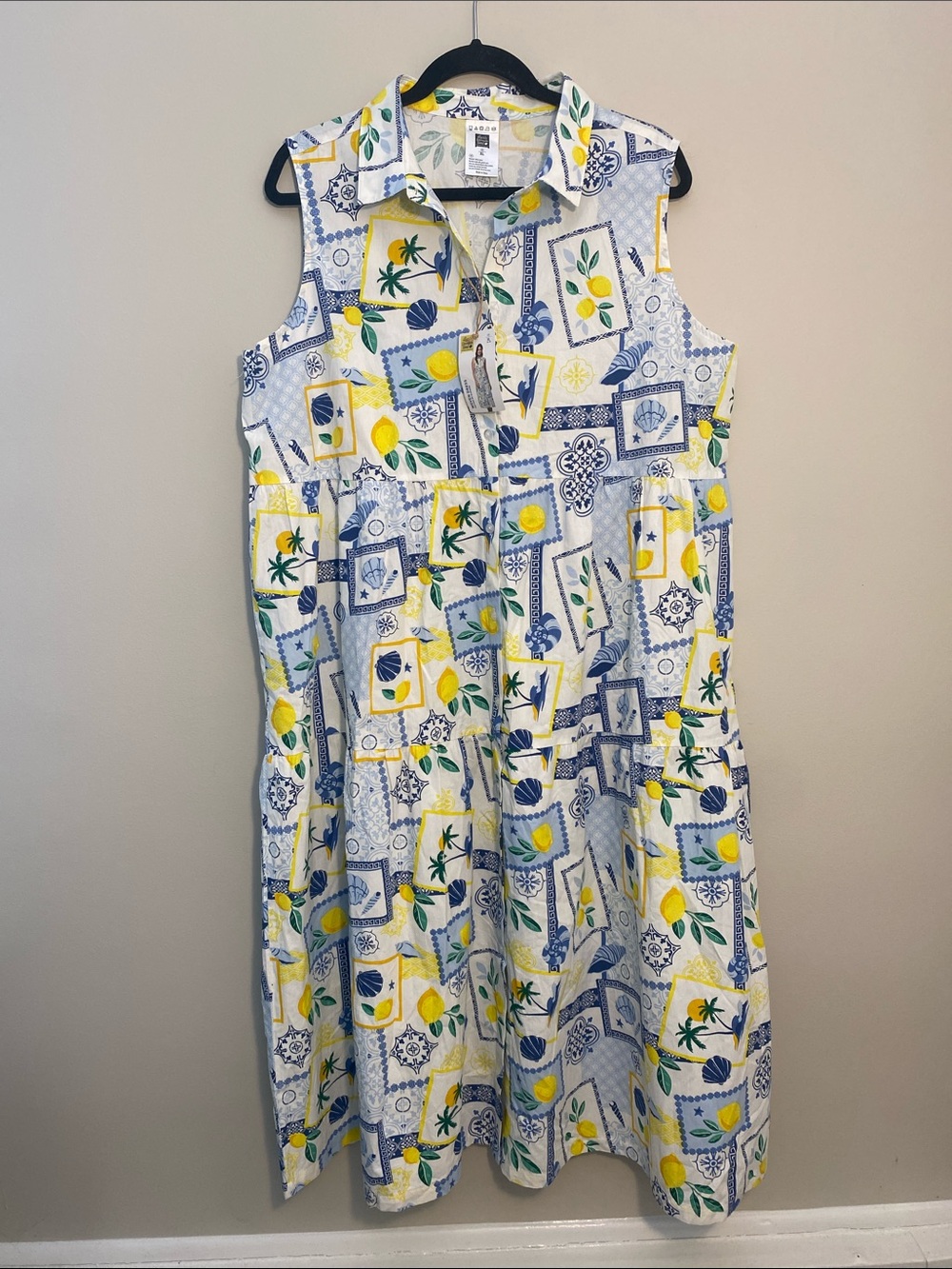 Sleeveless Lemon & Tile Print Cotton Sundress Blue, Yellow, White Italian Summer